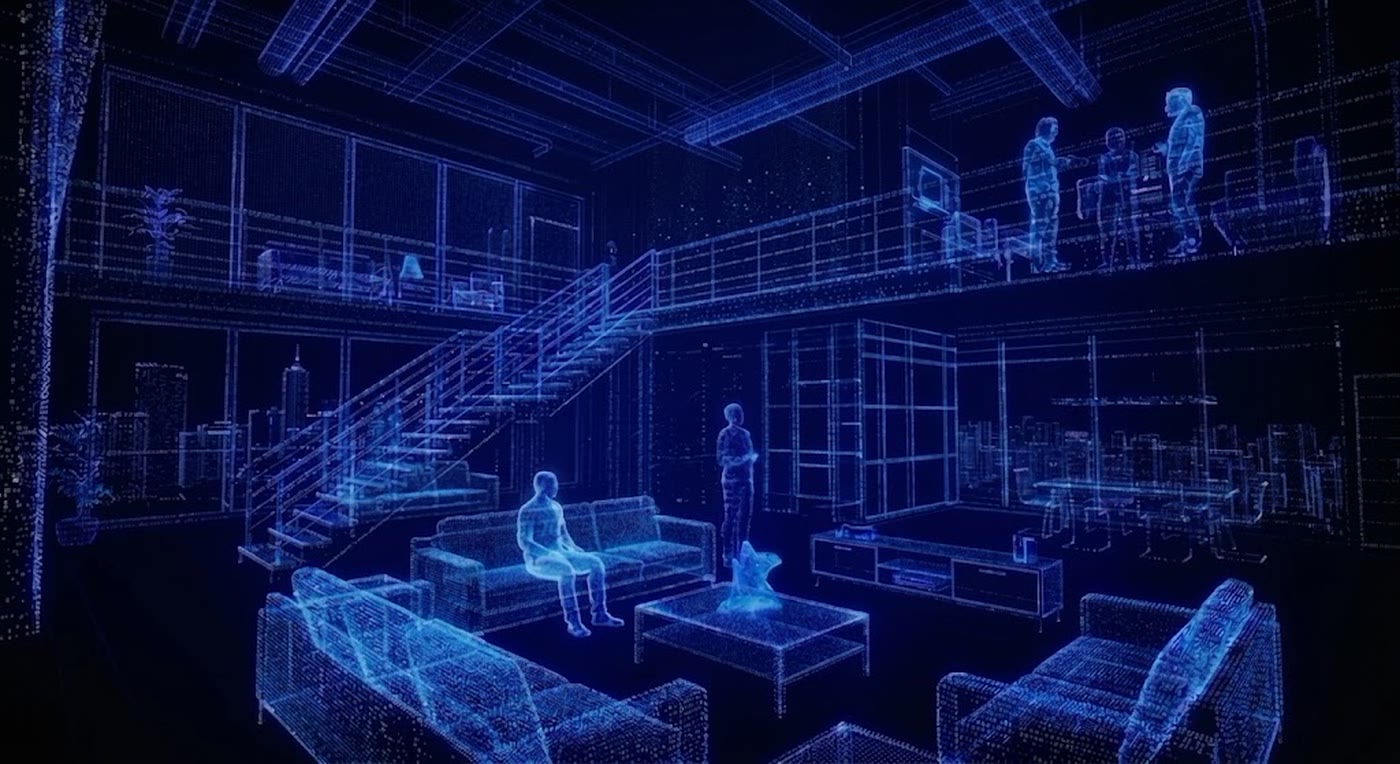 Spatial point-cloud render of an entire building, with every person shown only as a wireframe figure of shape and distance, no faces or surfaces resolved.